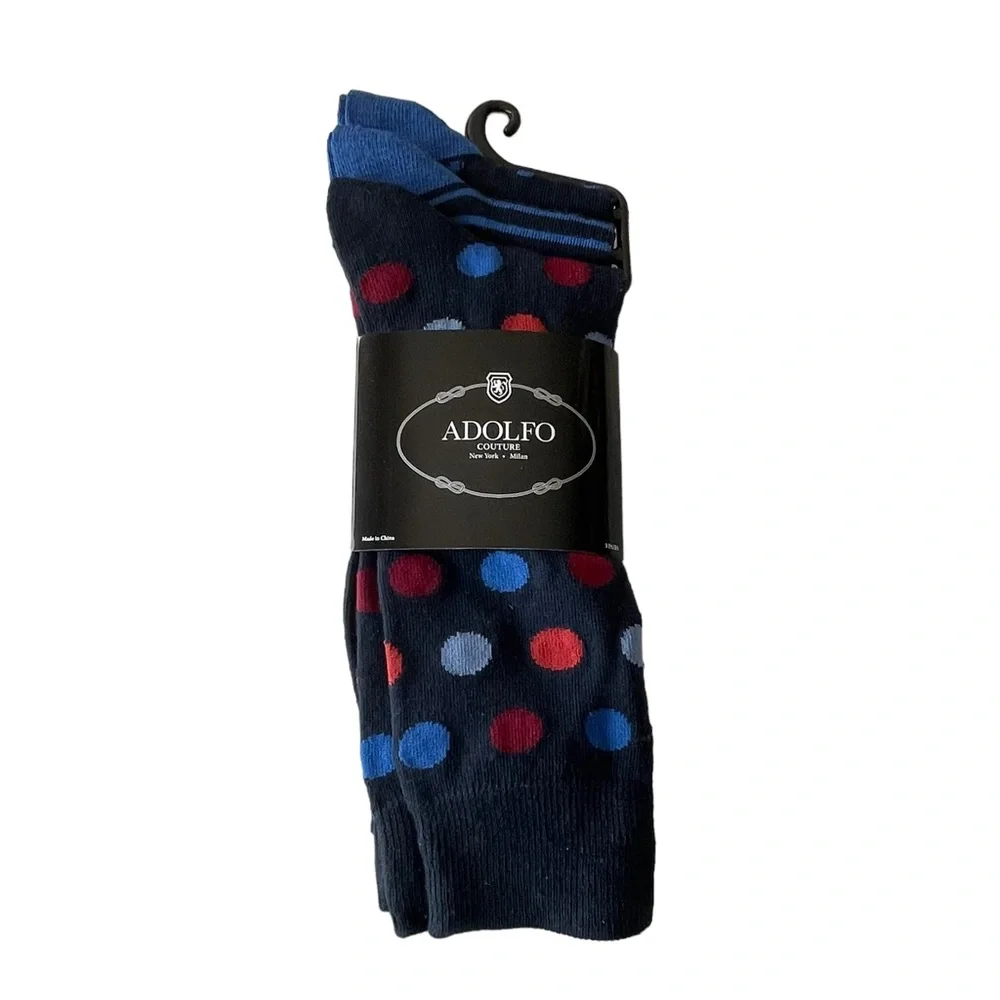 Men's ADOLFO Couture Dress Socks Blue Colorful Dots Stripes 3 Pairs Size 10-13